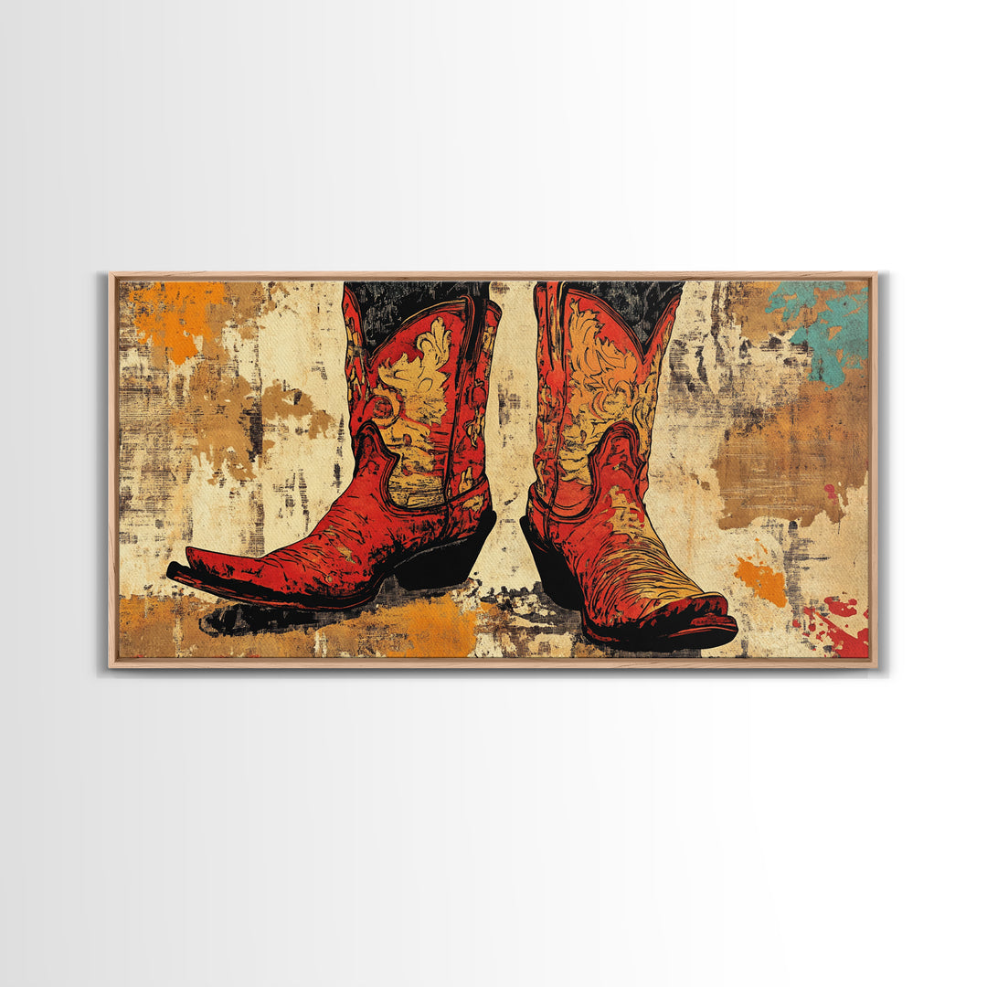 Red Embroidered Cowboy Boots Wall Art, Western Canvas Print, Cowgirl Decor, Rustic Farmhouse Gift, Statement Western Decor