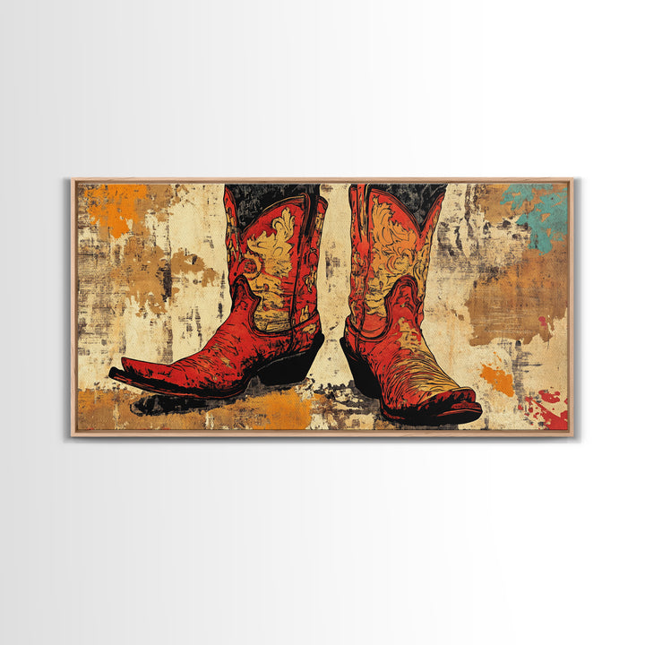 Red Embroidered Cowboy Boots Wall Art, Western Canvas Print, Cowgirl Decor, Rustic Farmhouse Gift, Statement Western Decor
