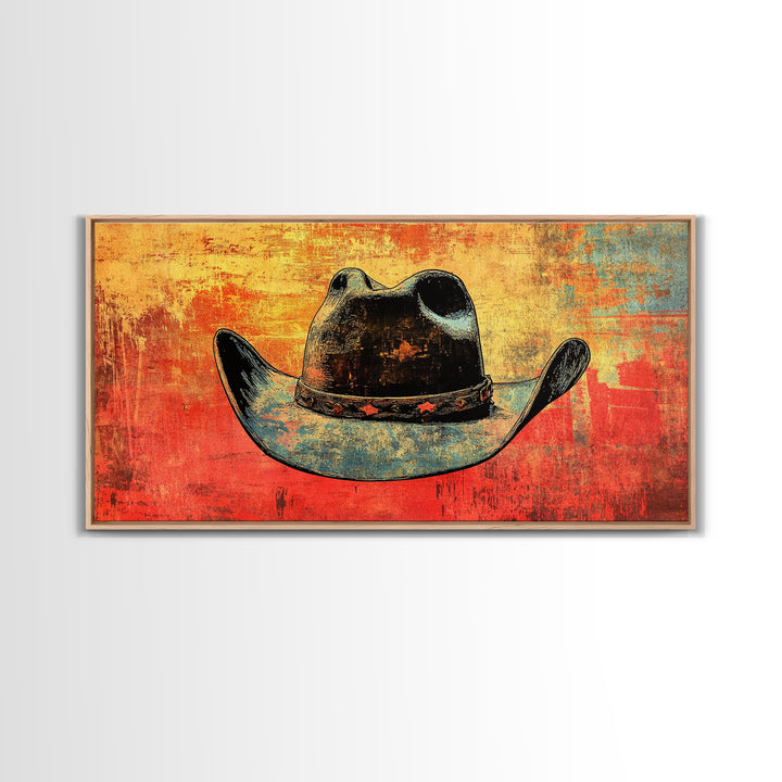Weathered Blue Cowboy Hat Wall Art, Western Canvas Print, Rustic Ranch Decor, Masculine Man Cave Gift, Southwestern Style