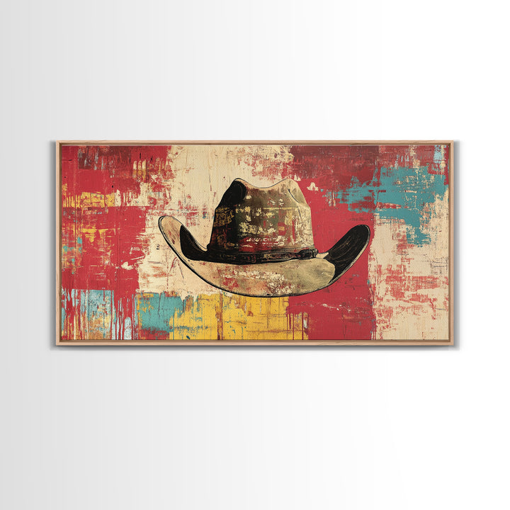 Distressed Cowboy Hat On Red Turquoise Wall Art, Western Canvas Print, Rustic Ranch Decor, Man Cave Gift, Modern Decor Print