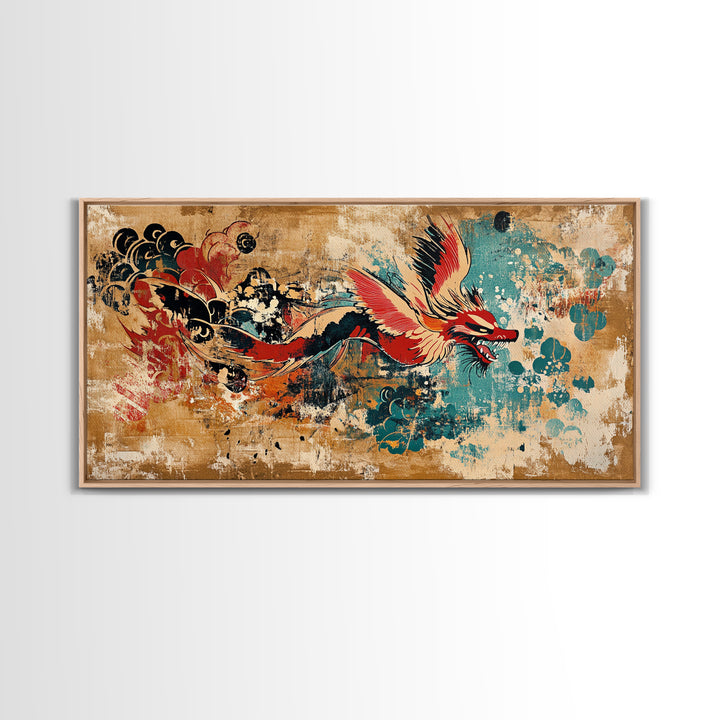 Red Asian Dragon With Teal Grunge Wall Art, Japanese Canvas Print, Fantasy Decor, Vibrant Statement Artwork Gift For Him