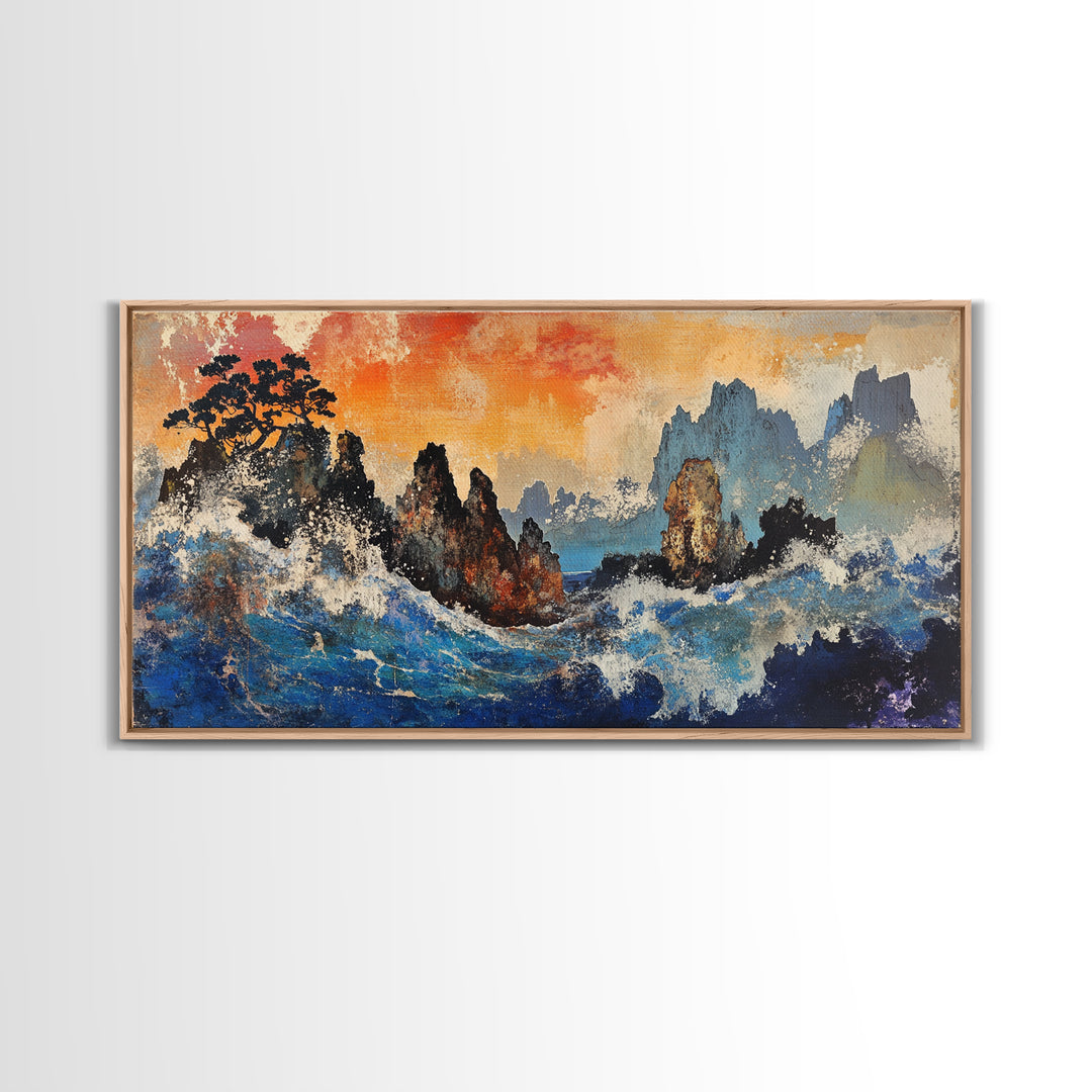 Crashing Blue Waves And Misty Mountains Canvas Print, Asian Landscape Wall Art, Modern Coastal Decor, Living Room Art Print