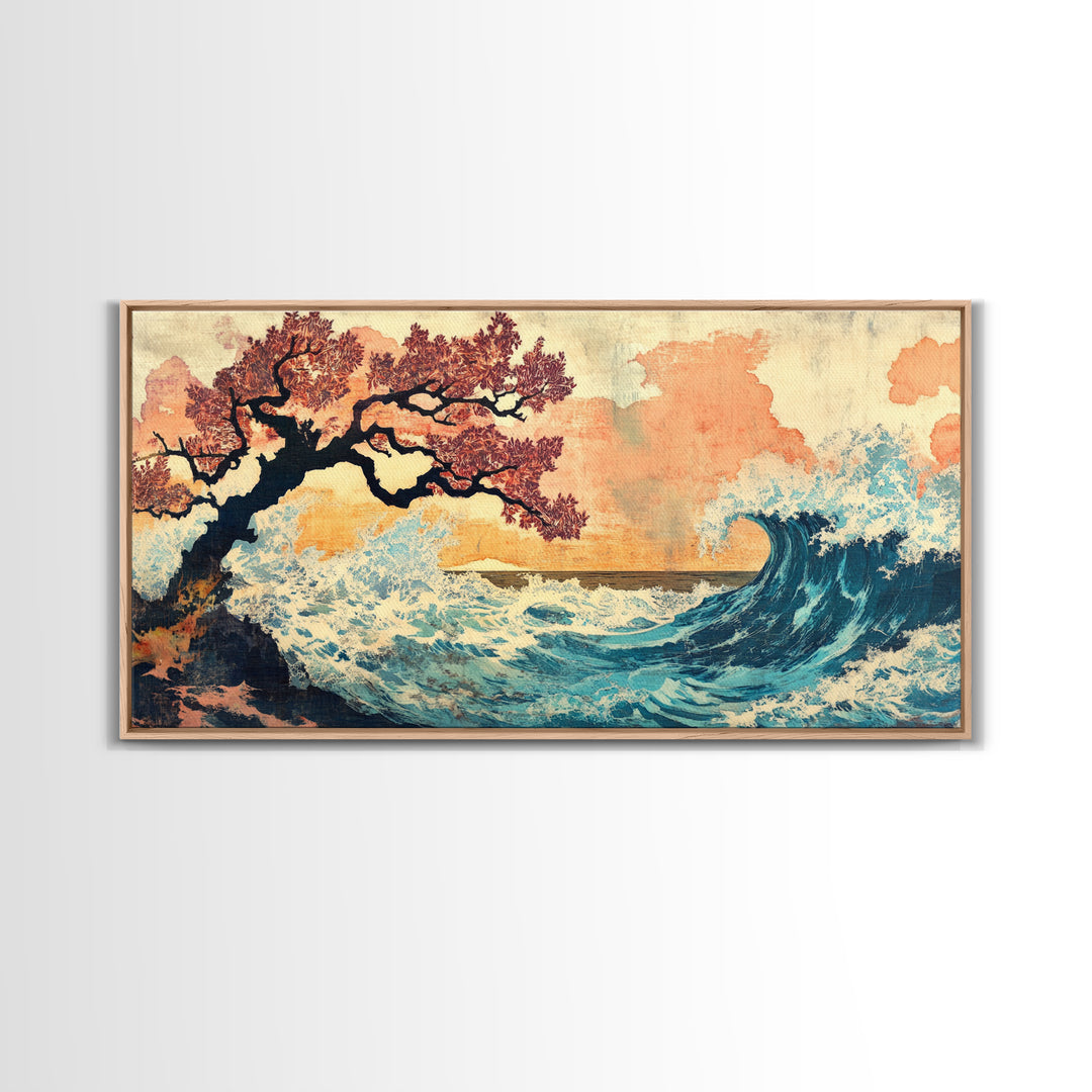 Cherry Blossom Tree And Blue Wave Framed Canvas Print, Japanese Wall Art, Coastal Decor, Serene Bedroom Wall Decor Gifts