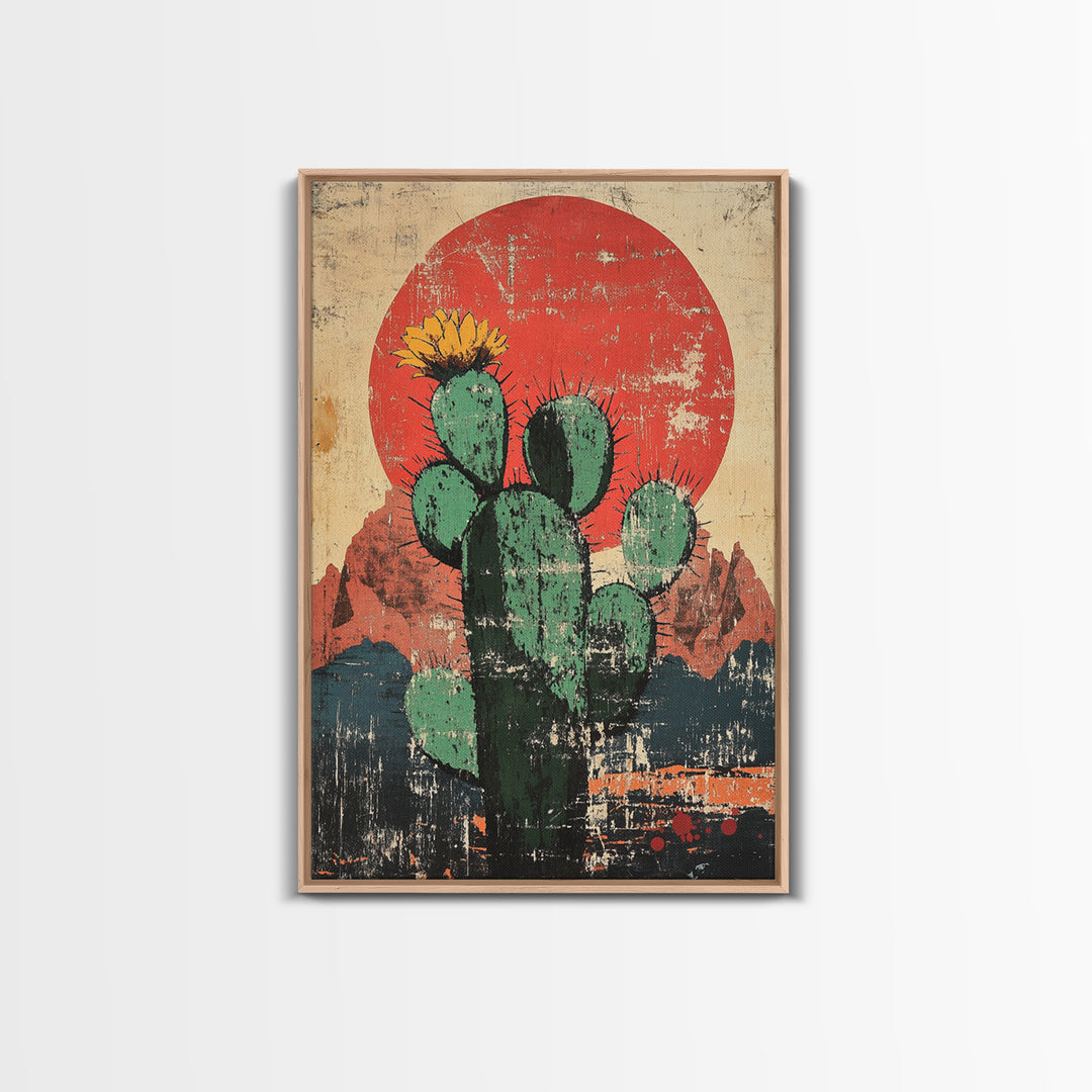 Blooming Prickly Pear Cactus At Red Sun Canvas Print, Southwestern Desert Wall Decor, Boho Western Home Decor, Arizona Art, Rustic Decor