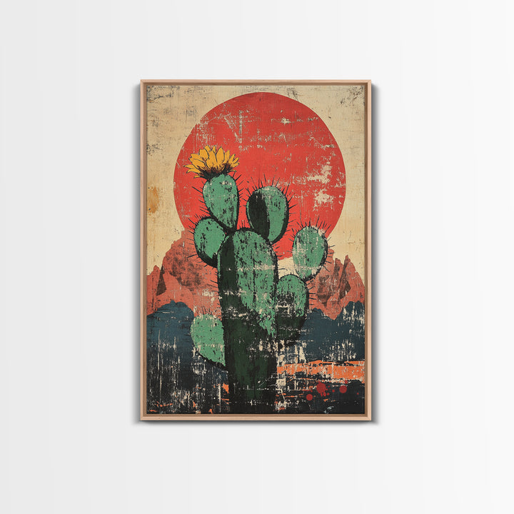 Blooming Prickly Pear Cactus At Red Sun Canvas Print, Southwestern Desert Wall Decor, Boho Western Home Decor, Arizona Art, Rustic Decor