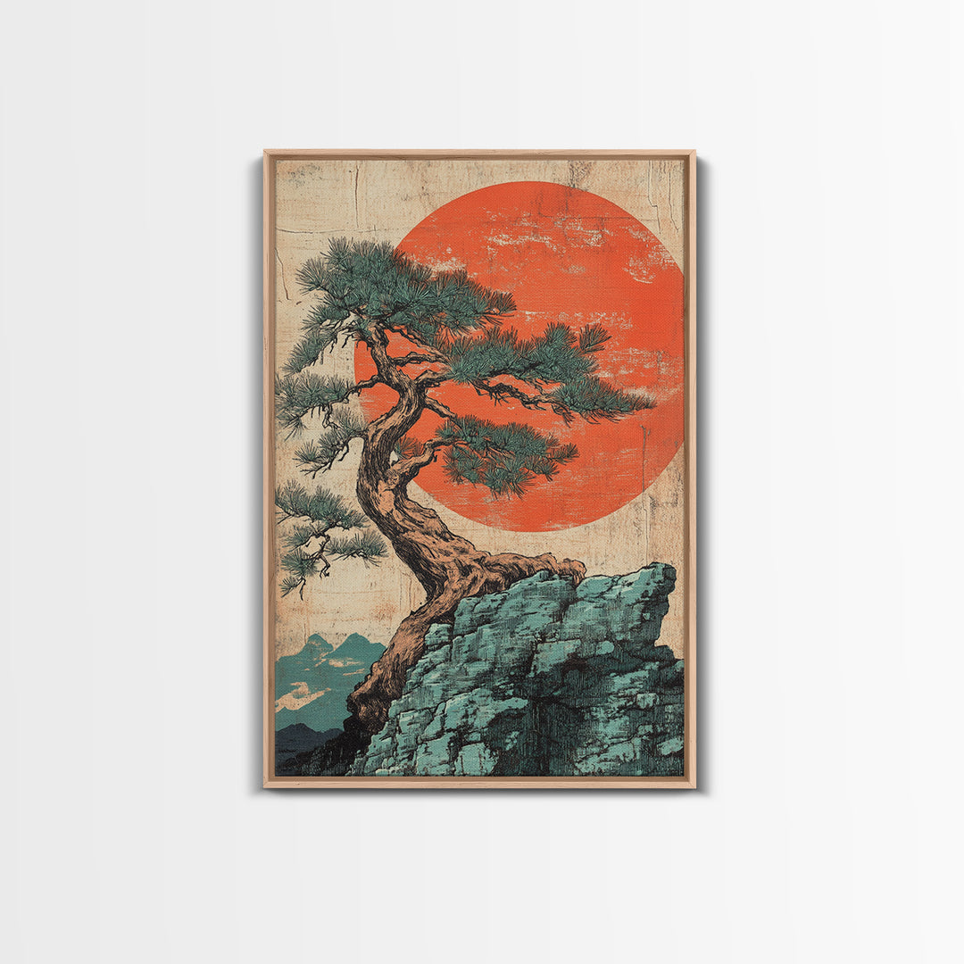 Twisted Pine Tree On Cliff With Red Sun Framed Canvas Print, Japanese Wall Art, Japandi Decor, Zen Landscape Art, Nature Home Decor