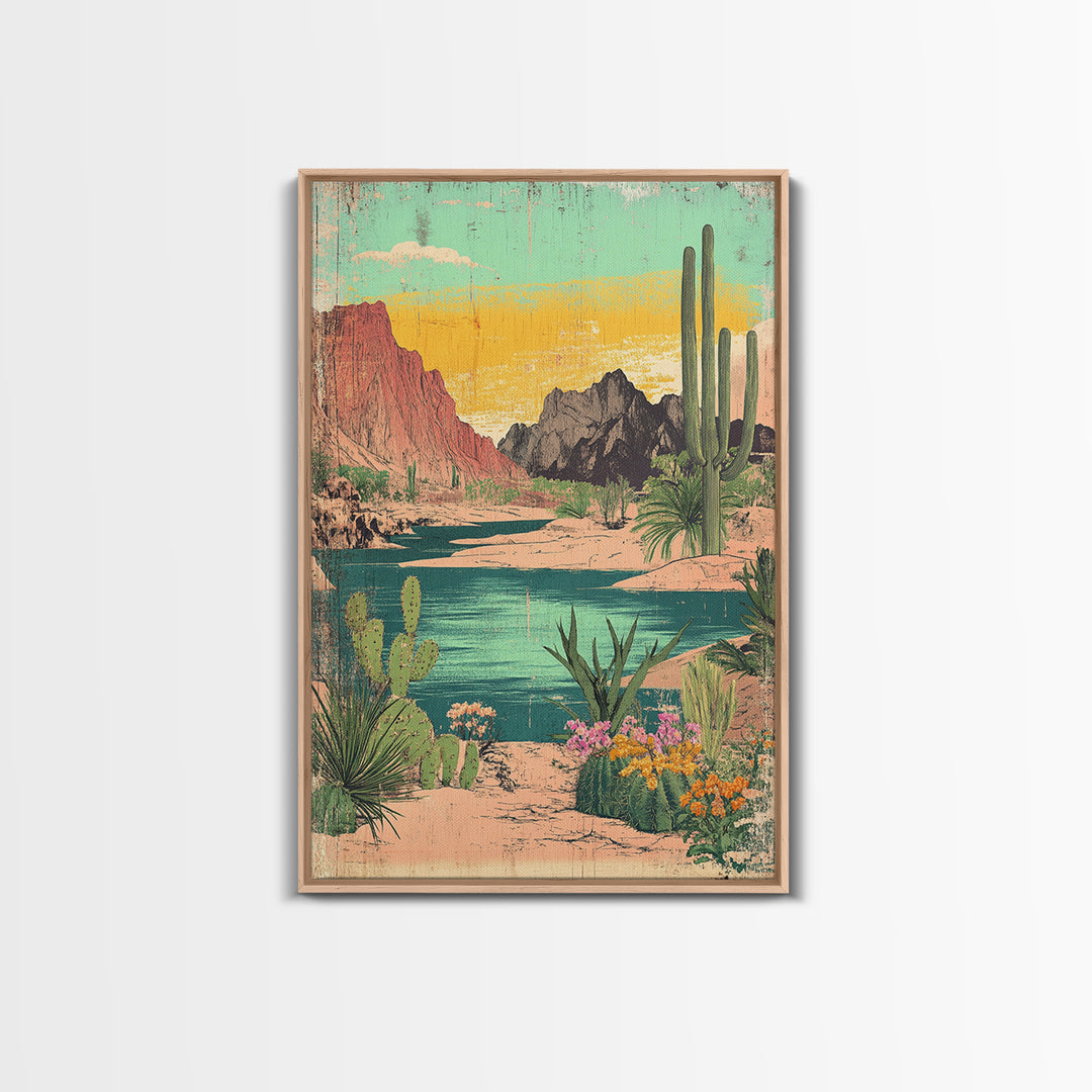 Turquoise Desert River Canyon With Saguaro Cactus Wall Art, Southwestern Landscape Print, Arizona Home Decor, Boho Decor