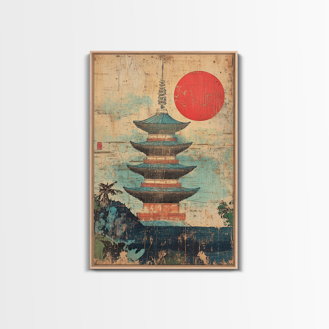 Japanese Pagoda Temple With Red Sun Framed Canvas Print, Asian Wall Art, Japandi Home Decor, Meditation Room Decor, Zen Wall Decor