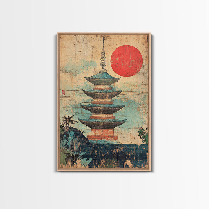 Japanese Pagoda Temple With Red Sun Framed Canvas Print, Asian Wall Art, Japandi Home Decor, Meditation Room Decor, Zen Wall Decor