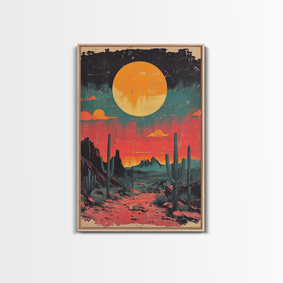 Neon Desert Sunset With Saguaro Cacti Canvas Print, Southwestern Wall Art, Retro Western Decor, Colorful Living Room Art