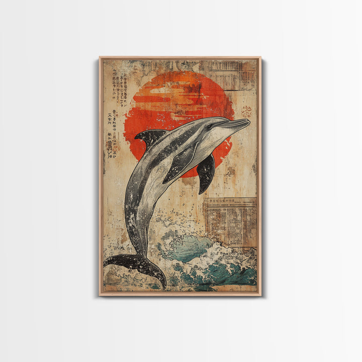 Leaping Dolphin Red Sun Wall Art, Japanese Ocean Print, Nautical Coastal Decor, Sea Life Artwork, Bathroom Canvas Print Gift