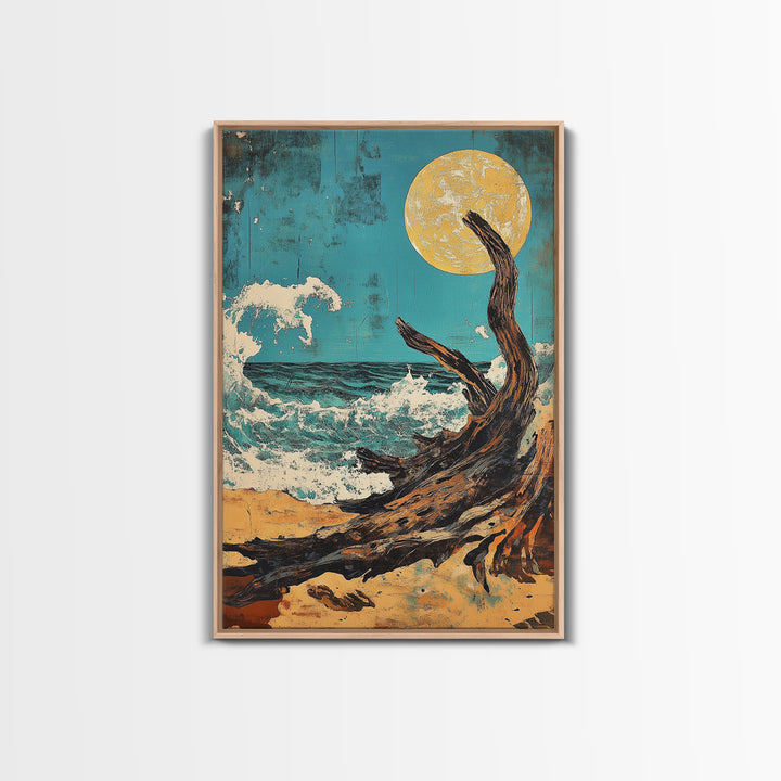 Driftwood Moonlit Ocean Waves Canvas Print, Japanese Coastal Wall Decor, Beach House Art, Teal Nautical Living Room Decor
