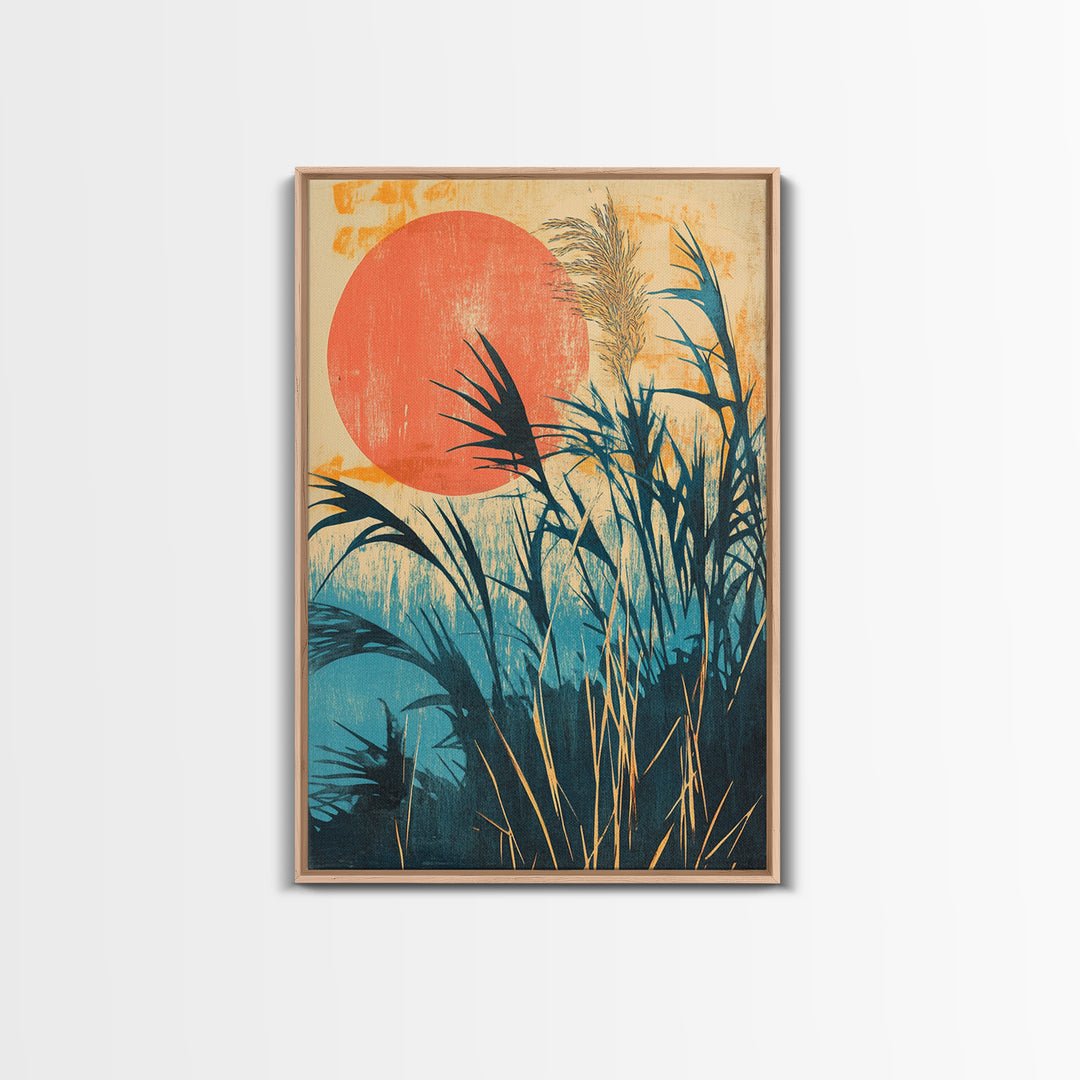 Tropical Reeds Orange Sun Canvas Print, Boho Coastal Wall Decor, Botanical Nature Art For Bedroom And Living Room Decor Gift