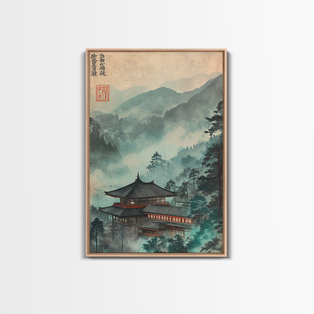 Misty Japanese Temple In Teal Mountains Wall Art, Asian Landscape Print, Japandi Decor, Zen Home Decor, Living Room Wall Art