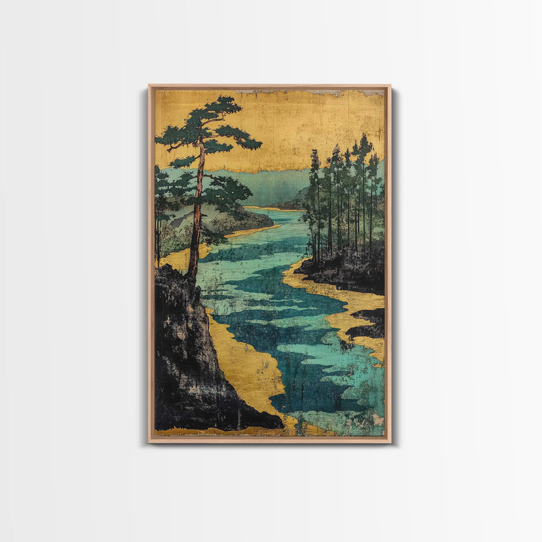 Gold River And Pine Forest Canvas Print, Japanese Landscape Art, Asian Wall Decor, Japandi Style Art, Serene Living Room Decor