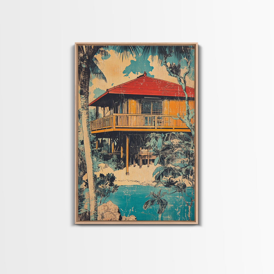 Tropical Stilt Beach House Canvas Print, Coastal Wall Art, Palm Tree Decor, Beach House Art, Summer Home Decor, Large Wall Art