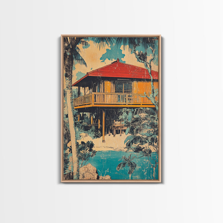 Tropical Stilt Beach House Canvas Print, Coastal Wall Art, Palm Tree Decor, Beach House Art, Summer Home Decor, Large Wall Art