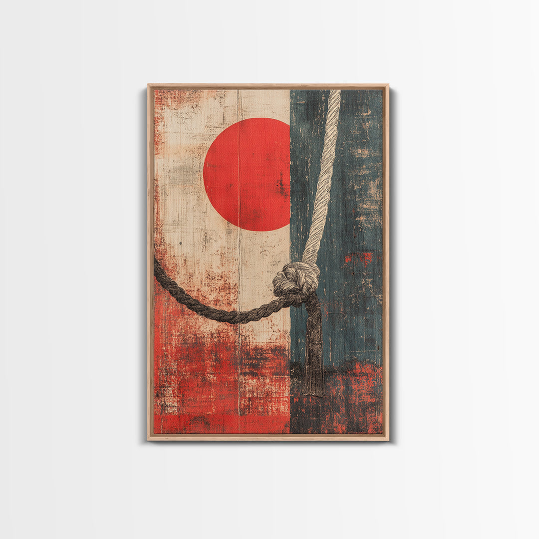 Nautical Rope Knot Wall Art, Red Sun Japanese Abstract Canvas Print, Coastal Decor, Masculine Office Wall Decor, Modern Home Decor