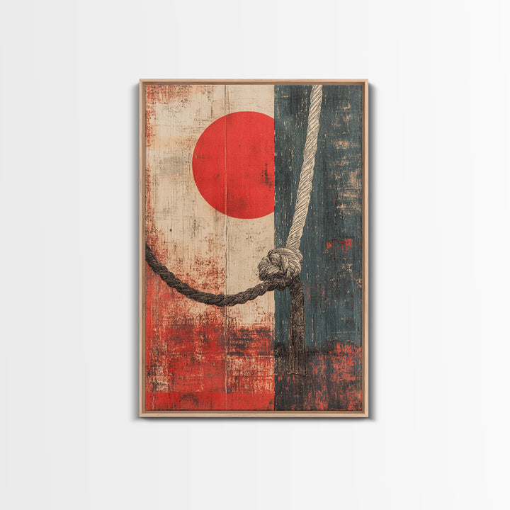 Nautical Rope Knot Wall Art, Red Sun Japanese Abstract Canvas Print, Coastal Decor, Masculine Office Wall Decor, Modern Home Decor