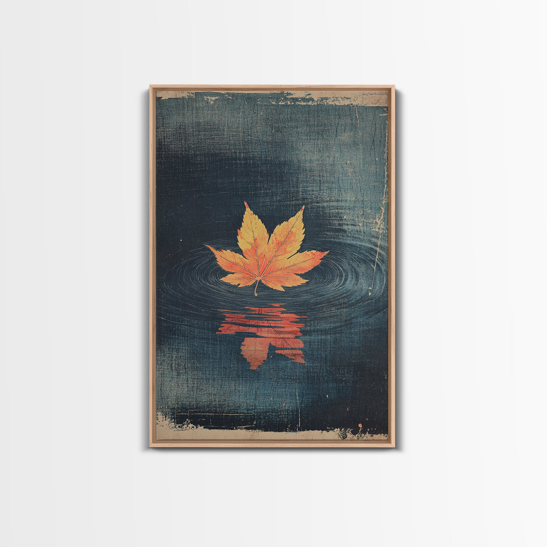 Floating Maple Leaf Wall Art, Dark Water Reflection Canvas Print, Japanese Autumn Decor, Minimalist Nature Art, Japandi Wall Decor