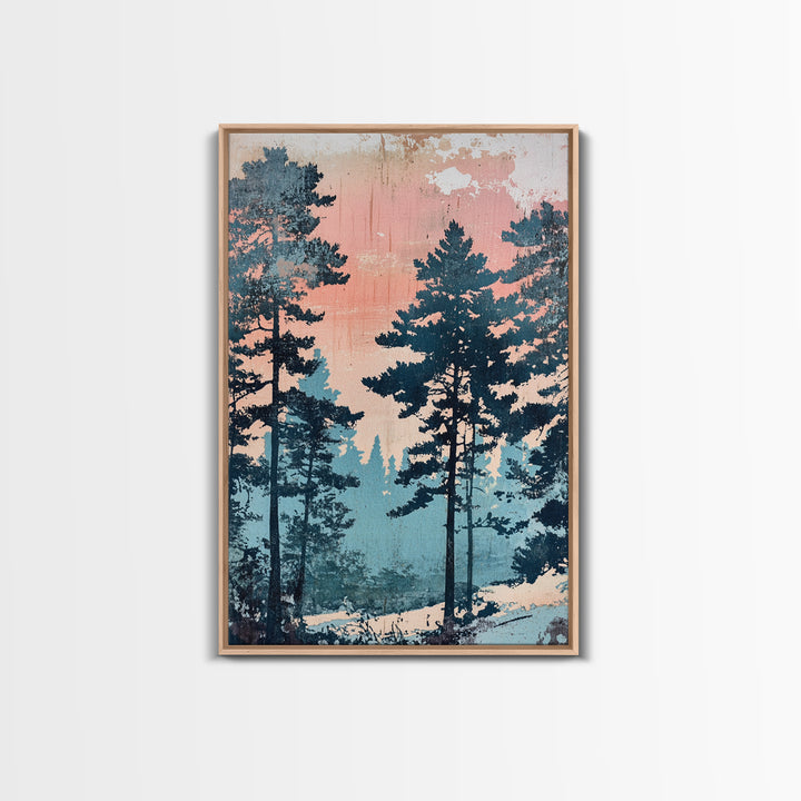Misty Pine Forest Sunrise Wall Art, Pink Blue Nature Landscape Print, Scandinavian Decor, Calming Bedroom Or Office Decor