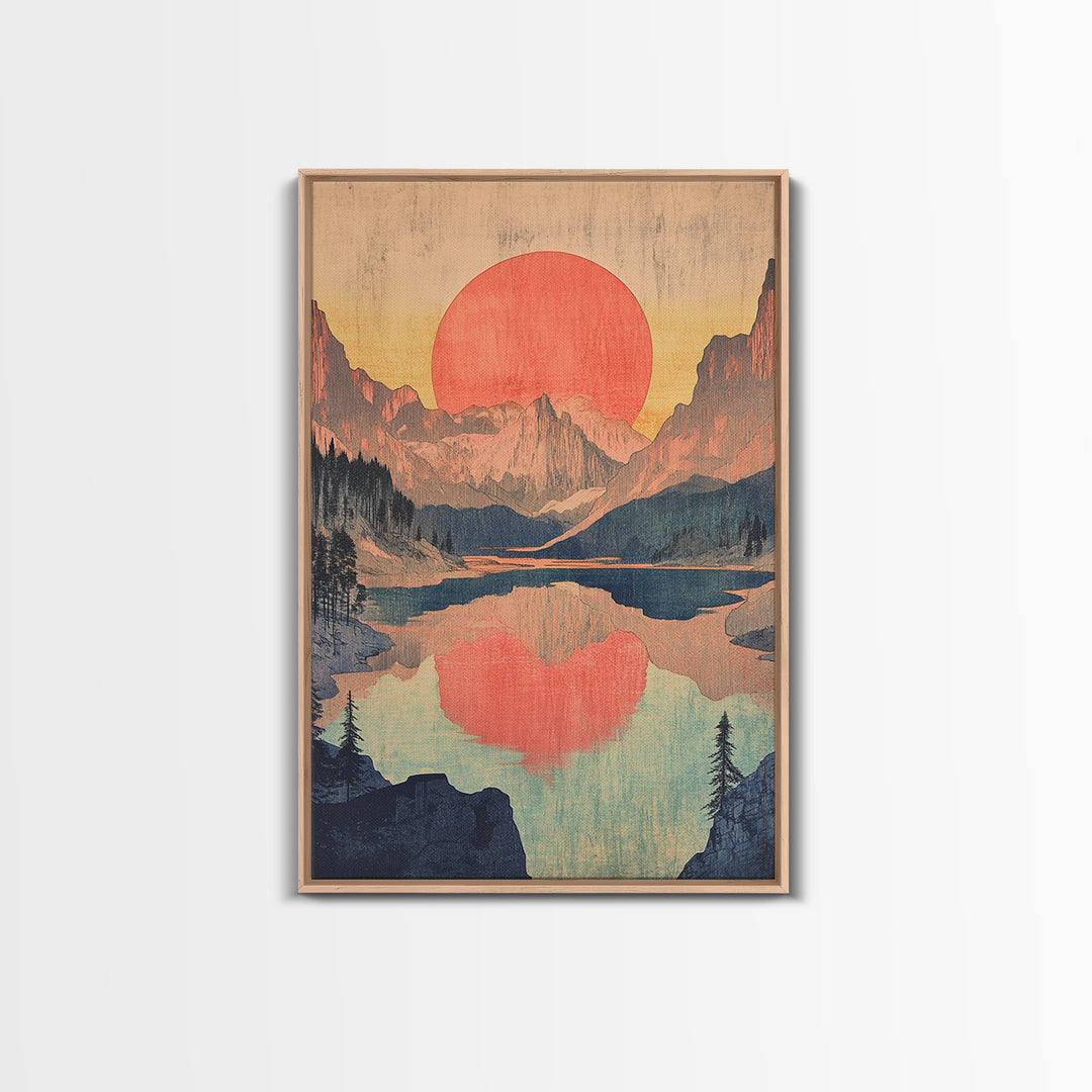 Red Sun Mountain Lake Wall Art, Japanese Landscape Print, Retro Nature Poster, Scenic Living Room Decor, Large Canvas Art