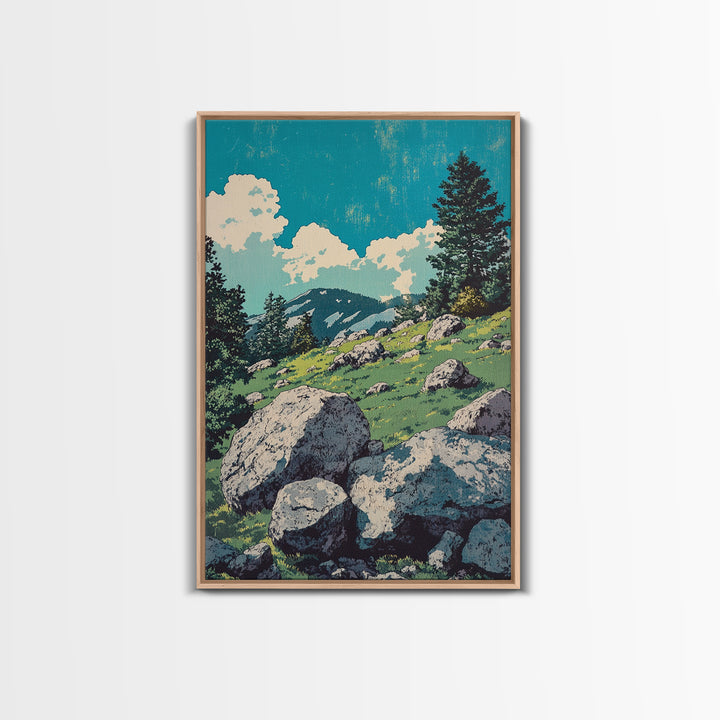 Alpine Meadow Boulder Wall Art, Mountain Landscape Print, Rustic Cabin Decor, Nature Poster, Large Canvas Art For Living Room