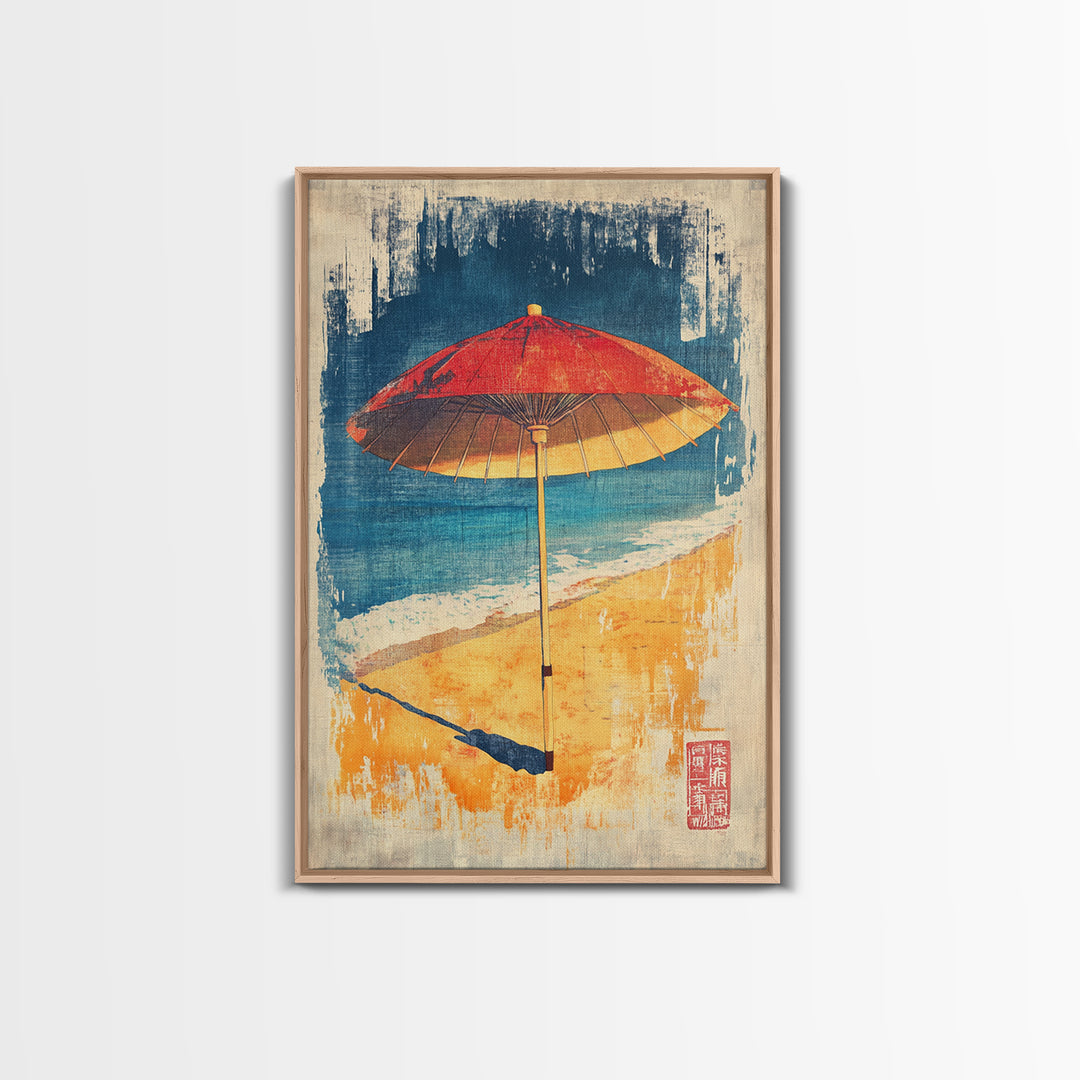 Red Beach Umbrella Canvas Print, Coastal Wall Art, Summer Beach House Decor, Tropical Ocean Poster, Bright Bathroom Wall Decor