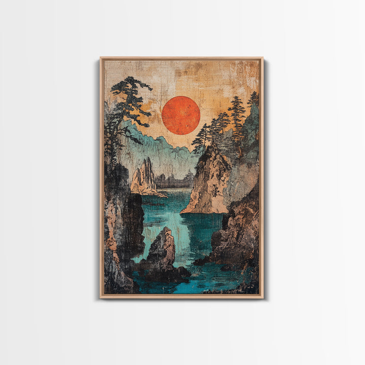 Red Sun Over Rugged Mountain Cove Framed Canvas Print, Japanese Landscape Art, Coastal Wall Decor, Large Living Room Art