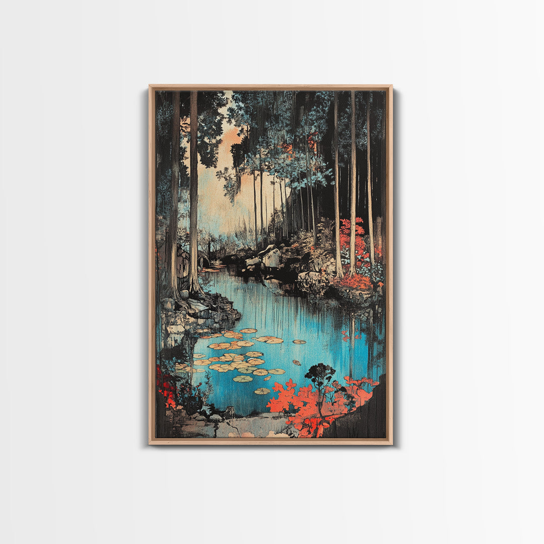 Forest Pond With Lily Pads And Red Foliage Canvas Print, Japanese Nature Wall Art, Moody Woodland Wall Decor For Bedroom