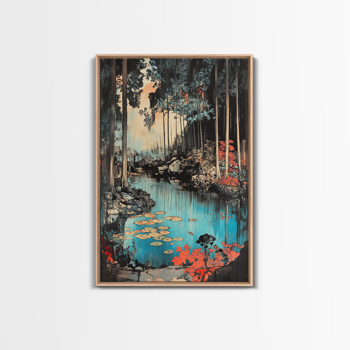 Forest Pond With Lily Pads And Red Foliage Canvas Print, Japanese Nature Wall Art, Moody Woodland Wall Decor For Bedroom