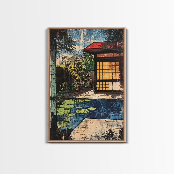 Japanese Tea House By Koi Pond And Glowing Garden Wall Art, Japandi Canvas Print, Zen Home Decor, Serene Living Room Decor
