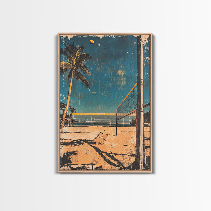 Beach Volleyball Court With Palm Tree And Ocean Wall Art, Tropical Coastal Canvas Print, Summer Decor For Modern Beach House