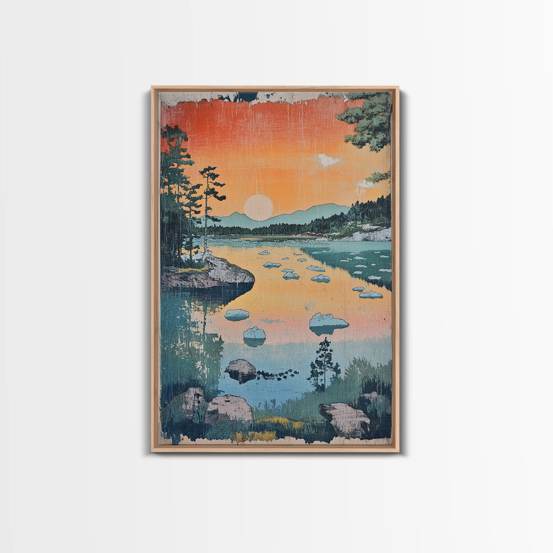 Orange Sunset Lake Landscape Canvas Print, Mountain Wall Art, Japandi Nature Print, Cabin Decor, Living Room Wall Art, Housewarming Gift