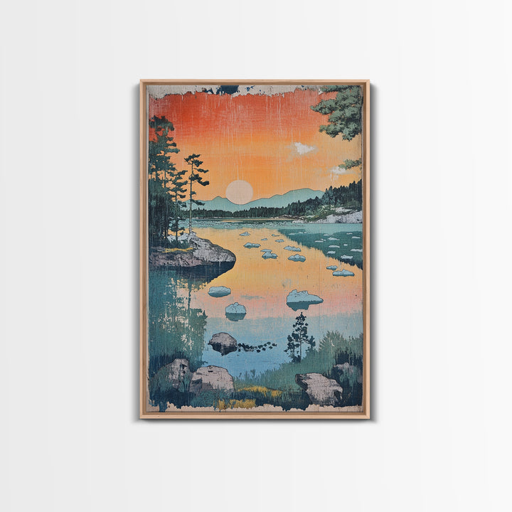 Orange Sunset Lake Landscape Canvas Print, Mountain Wall Art, Japandi Nature Print, Cabin Decor, Living Room Wall Art, Housewarming Gift