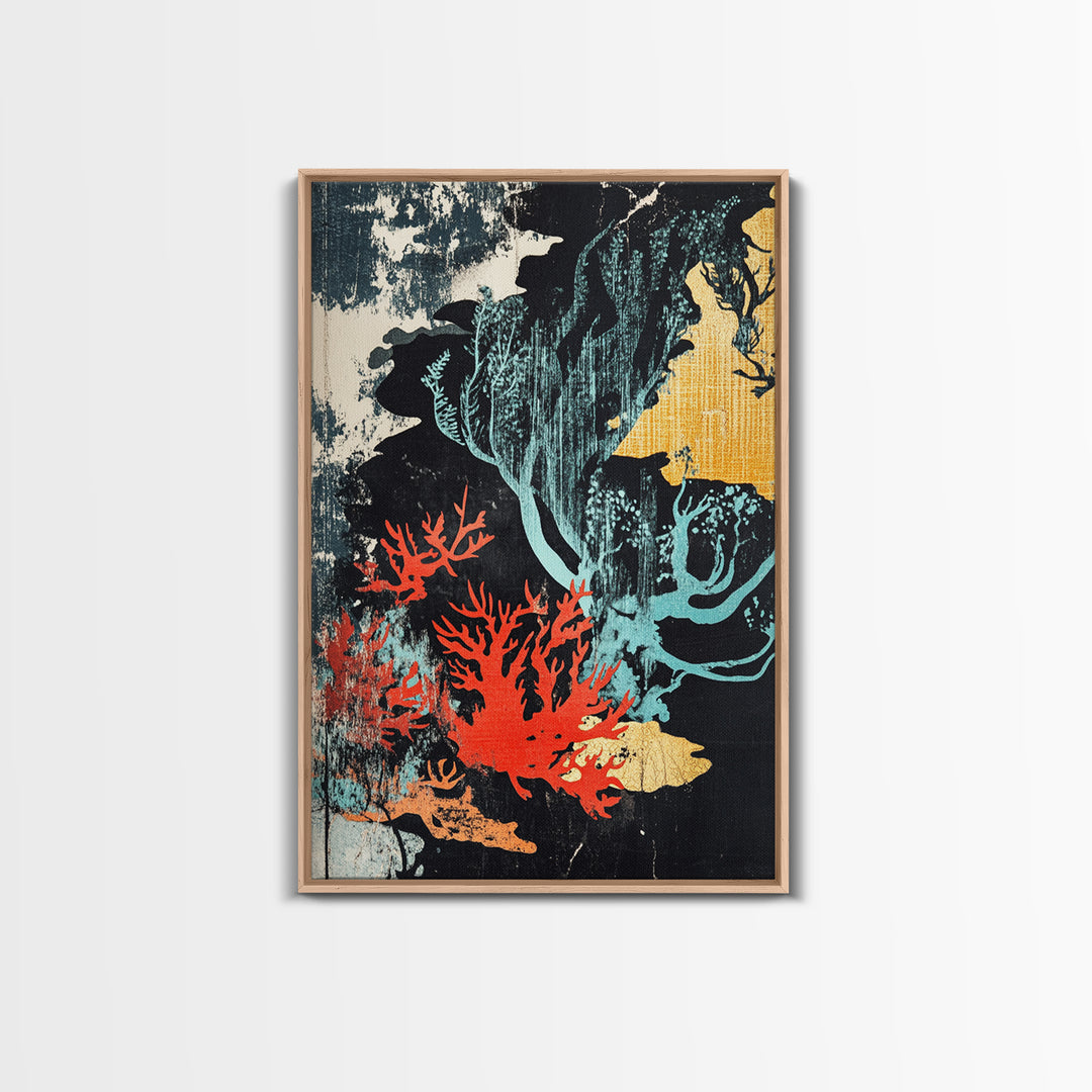 Red Coral And Teal Seaweed Wall Art, Japanese Ocean Canvas Print, Coastal Bathroom Decor, Abstract Marine Life Art Print