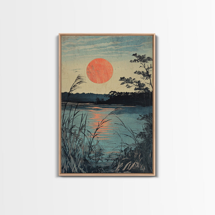 Quiet Lake Sunset With Reeds Wall Art, Japanese Landscape Canvas Print, Tranquil Coastal Decor, Serene Nature Fine Art Print