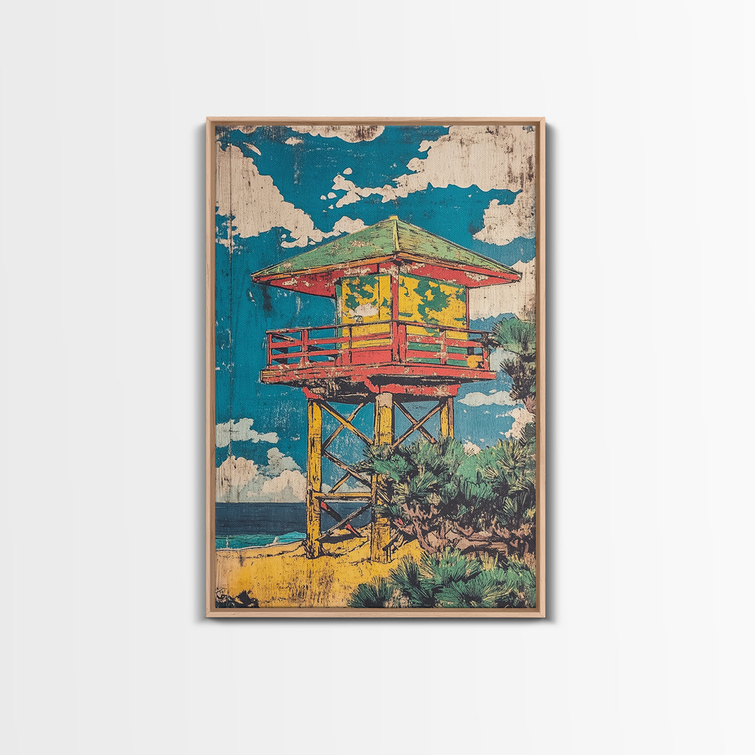 Colorful Beach Lifeguard Tower Wall Art, Retro Coastal Travel Poster, Tropical Ocean Decor, Summer Beach House Art Print