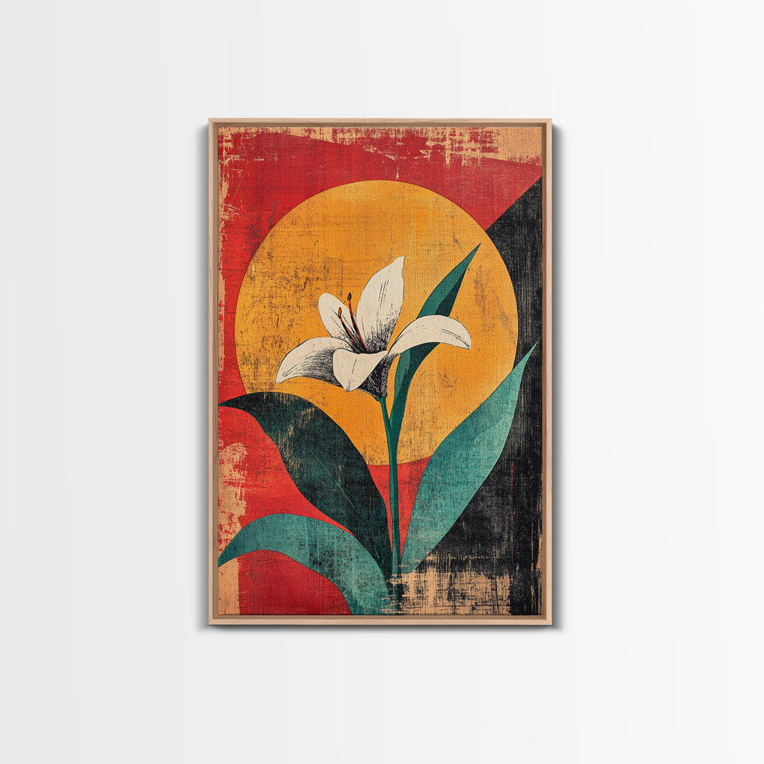 White Lily Flower Canvas Print, Bold Red Yellow Botanical Wall Decor, Mid Century Floral Art Print For Modern Living Room