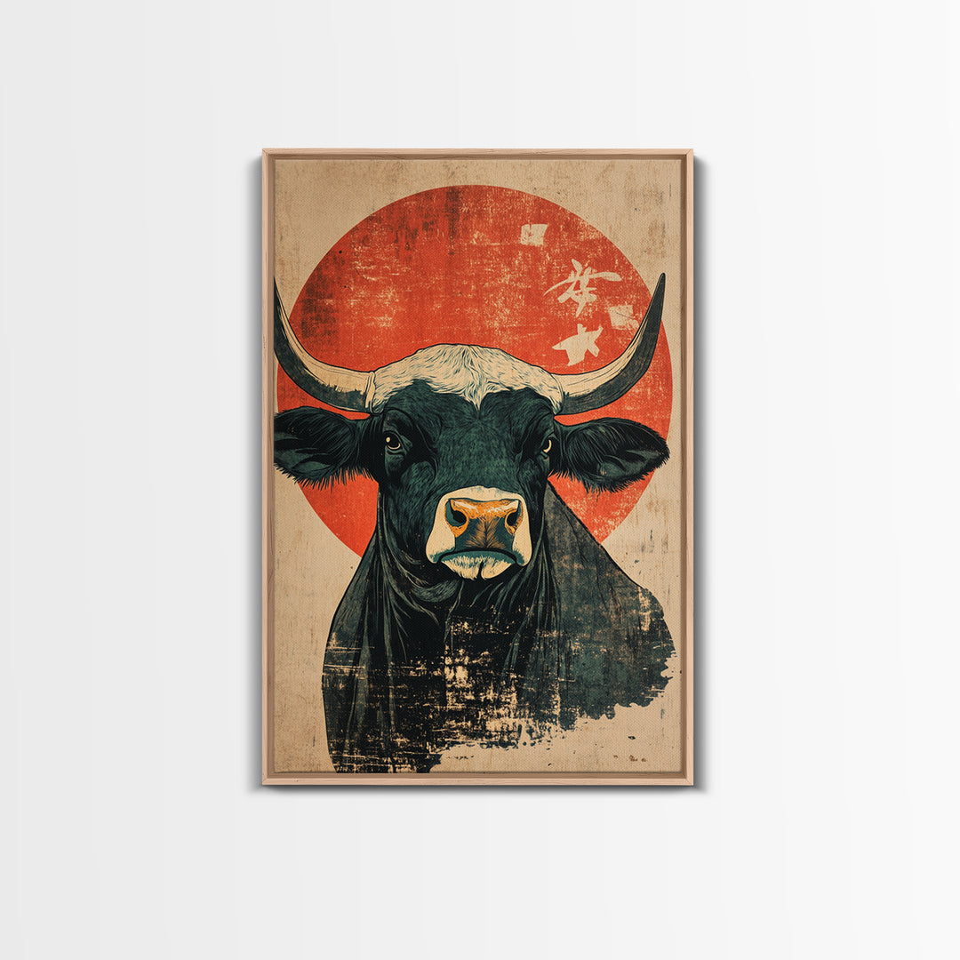 Black Bull Red Sun Canvas Print, Rustic Farm Animal Wall Art, Western Japandi Decor, Bold Kitchen Art, Housewarming Gift