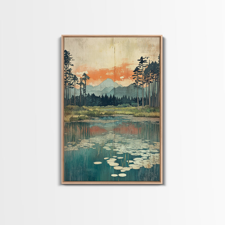 Mountain Lake Lily Pads Framed Canvas Print, Serene Landscape Wall Art, Japandi Nature Decor, Living Room Home Decor, Office Wall Art