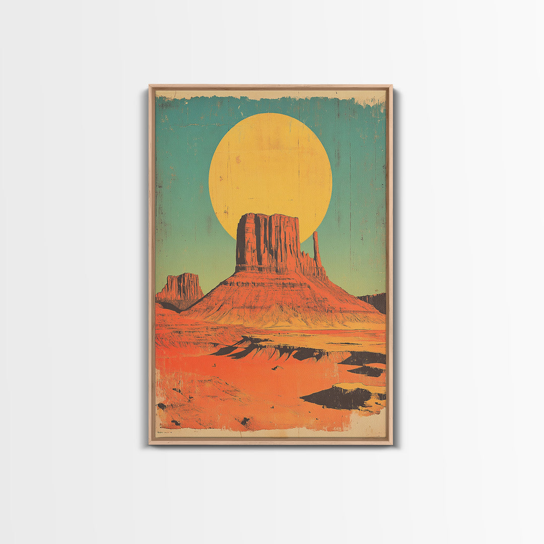 Desert Mesa With Golden Sun Canvas Print, Southwestern Wall Art, Retro Western Landscape Poster, Boho Earth Tone Decor Gift