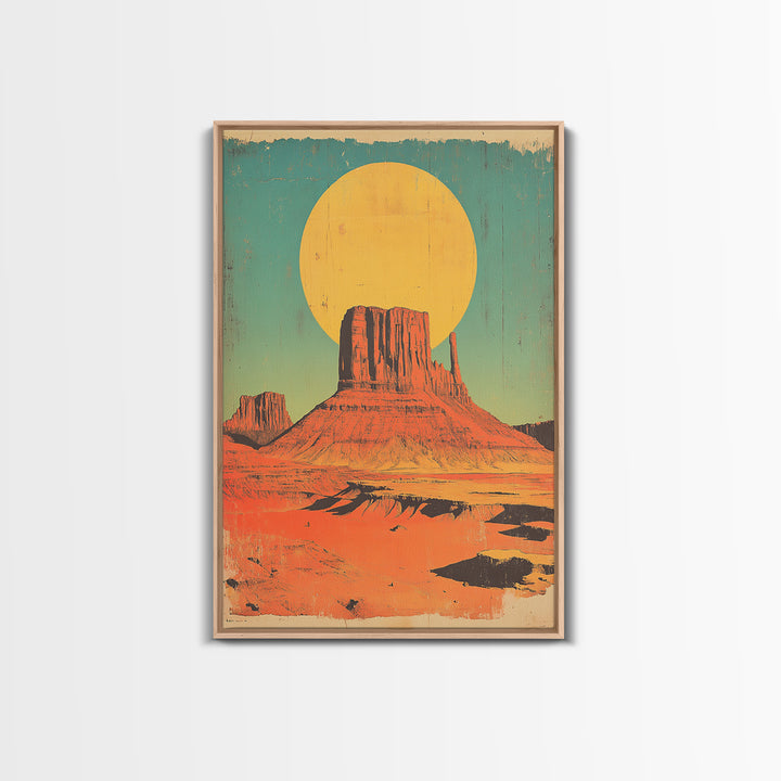 Desert Mesa With Golden Sun Canvas Print, Southwestern Wall Art, Retro Western Landscape Poster, Boho Earth Tone Decor Gift