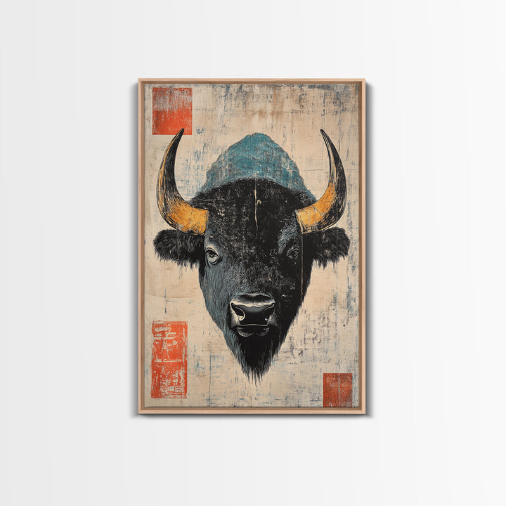Black Bison Portrait Wall Art, Rustic Wildlife Art Print, Western Animal Wall Decor, Lodge Cabin Canvas Print Gift For Him