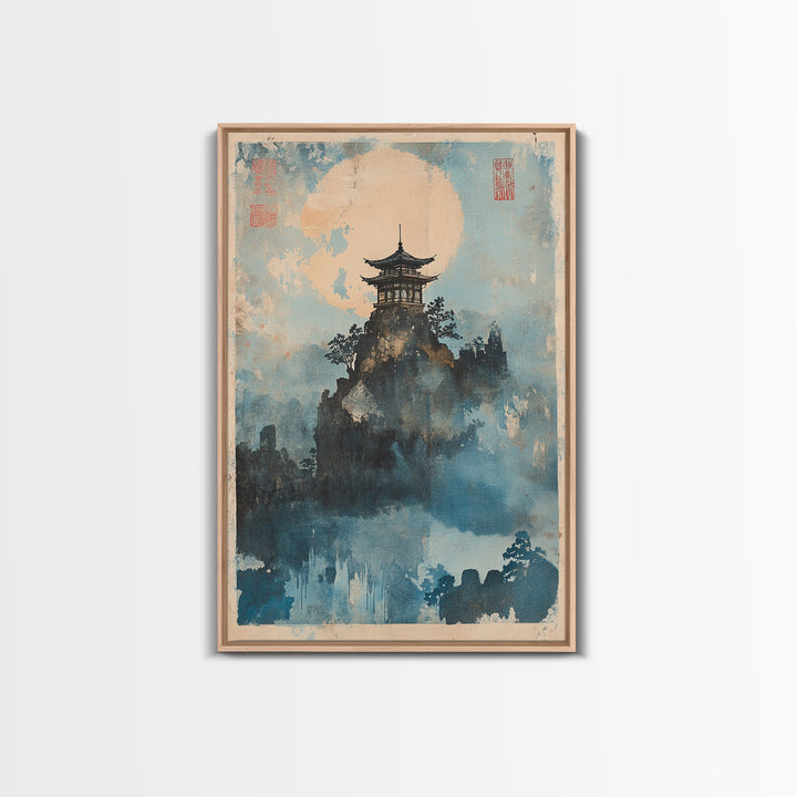 Misty Pagoda Moon Wall Art, Japanese Landscape Art Print, Zen Asian Wall Decor, Meditation Room Framed Canvas Print Gift