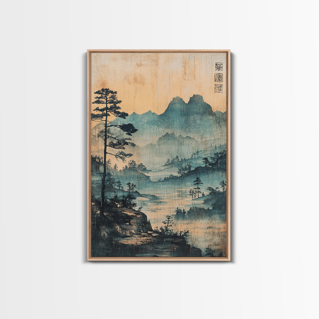 Blue Mist Mountain Landscape Wall Art, Japanese Ink Painting Print, Zen Nature Wall Decor, Japandi Living Room Decor Gift