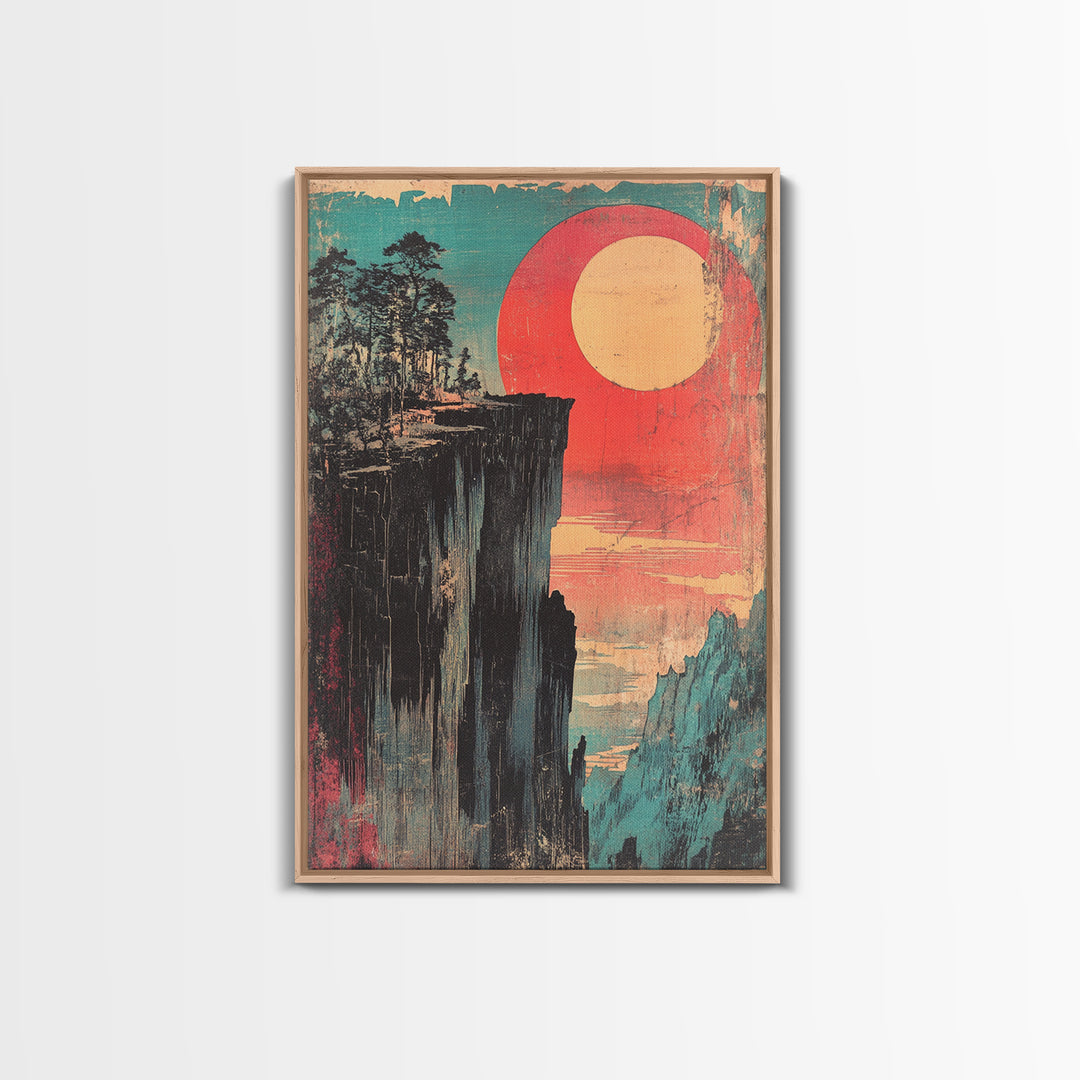 Cliffside Forest With Red Sun Wall Art, Retro Japanese Print, Japandi Decor, Bold Landscape, Framed Canvas Print, Large Wall Art