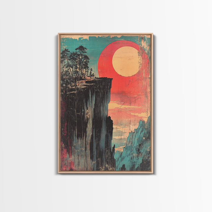 Cliffside Forest With Red Sun Wall Art, Retro Japanese Print, Japandi Decor, Bold Landscape, Framed Canvas Print, Large Wall Art