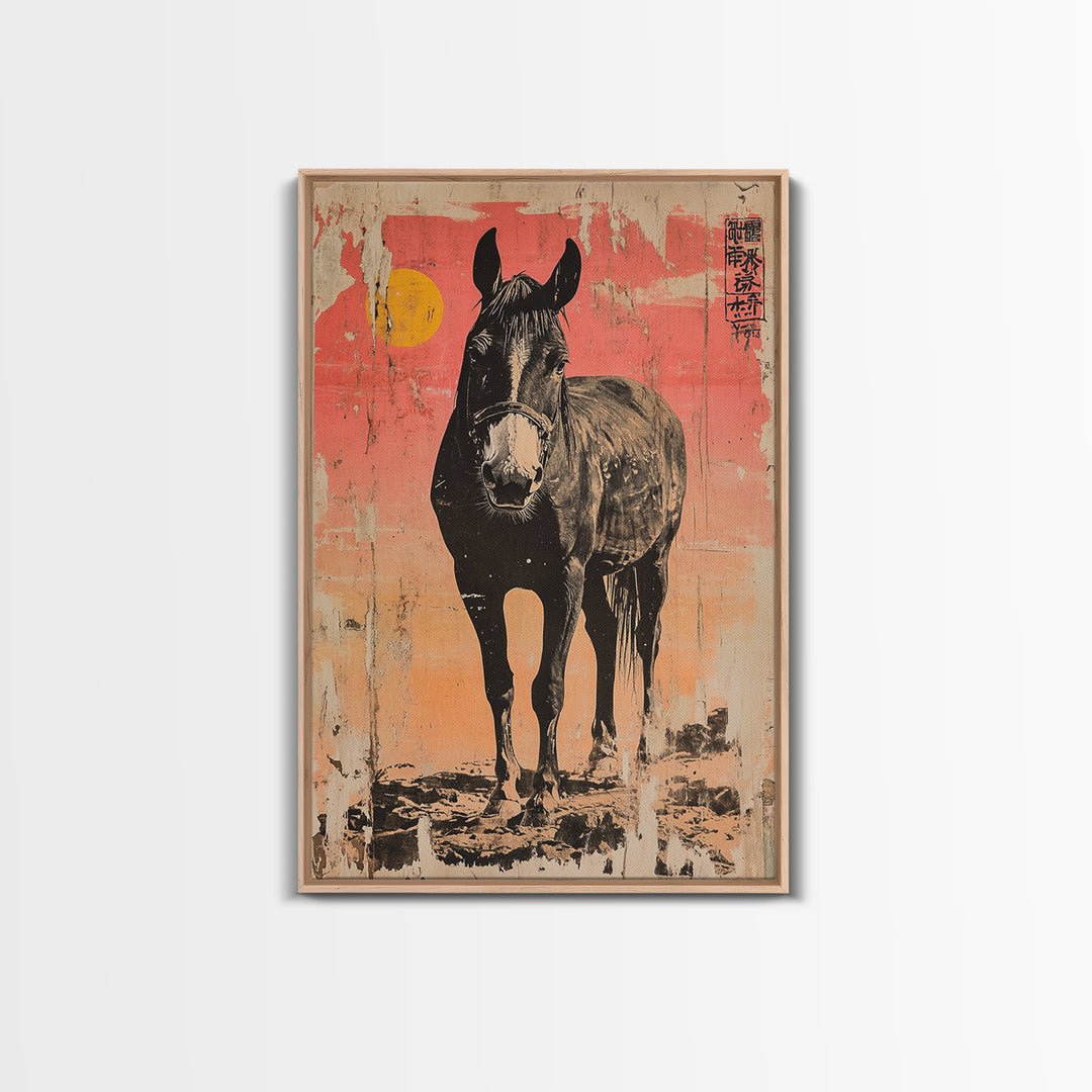 Black Horse Portrait At Sunset Framed Canvas Print, Equestrian Wall Art, Western Decor, Horse Lover Gift, Rustic Home Decor
