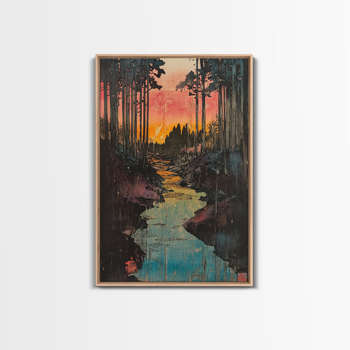 Sunset Forest River Canvas Print, Japanese Landscape Wall Art, Nature Wall Decor, Rustic Home Decor, Calming Living Room Art